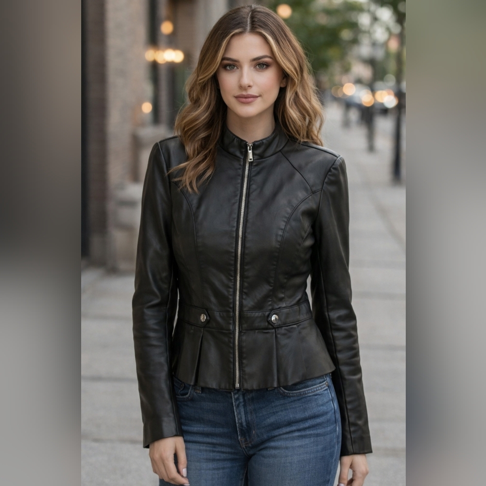 New York & Co. Black Ladies Faux Leather Jacket w/Peplum Pleated Detail- SZM